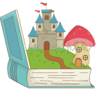 illustration of an open book with a castle and mushroom house coming out of it