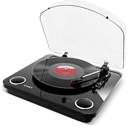 black turntable for vinyl albums, with clear lid