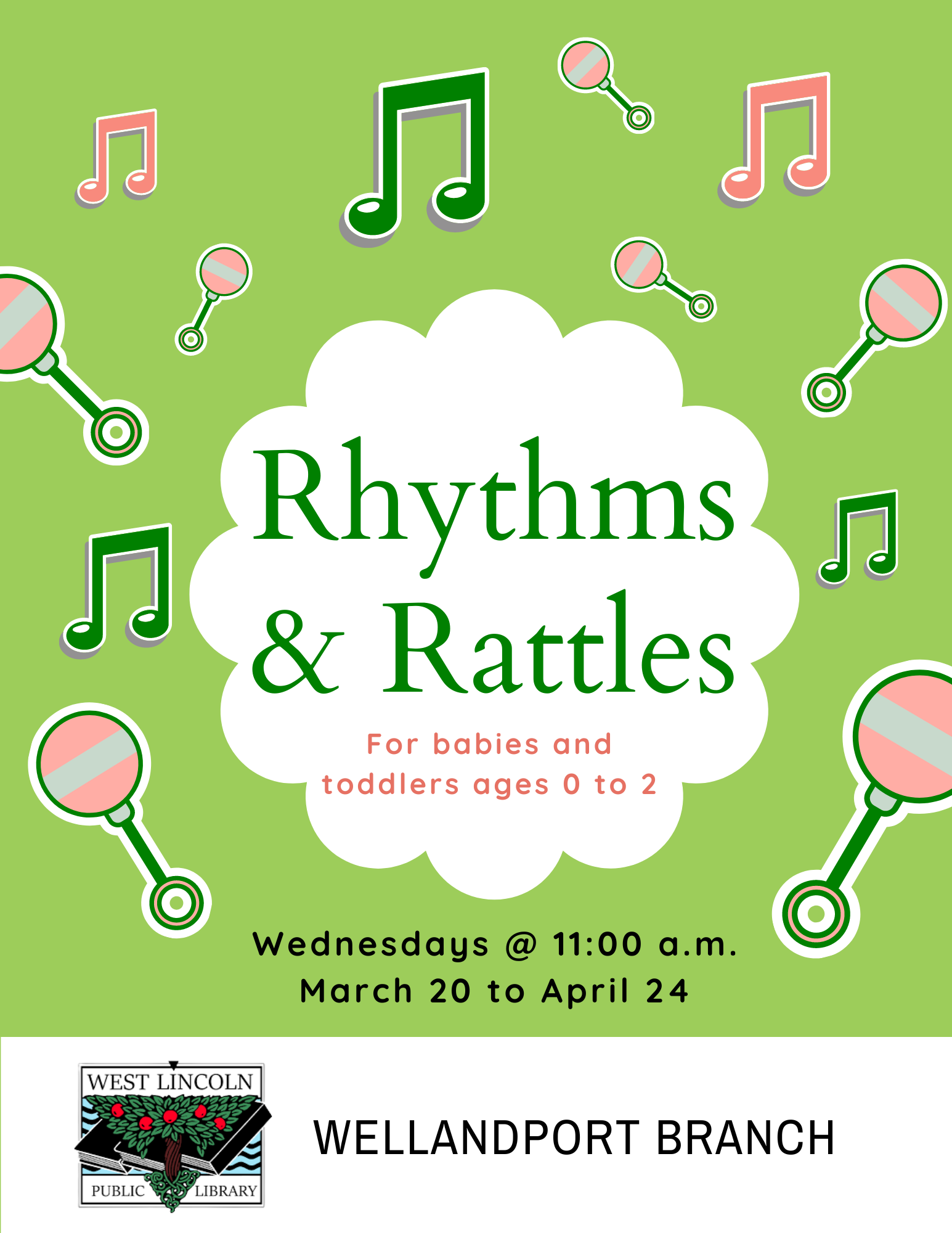 Rhythms and Rattles for babies and toddlers ages 0 to 2, Thursdays at 11:00 a.m. September 7 to October 26, Smithville Branch